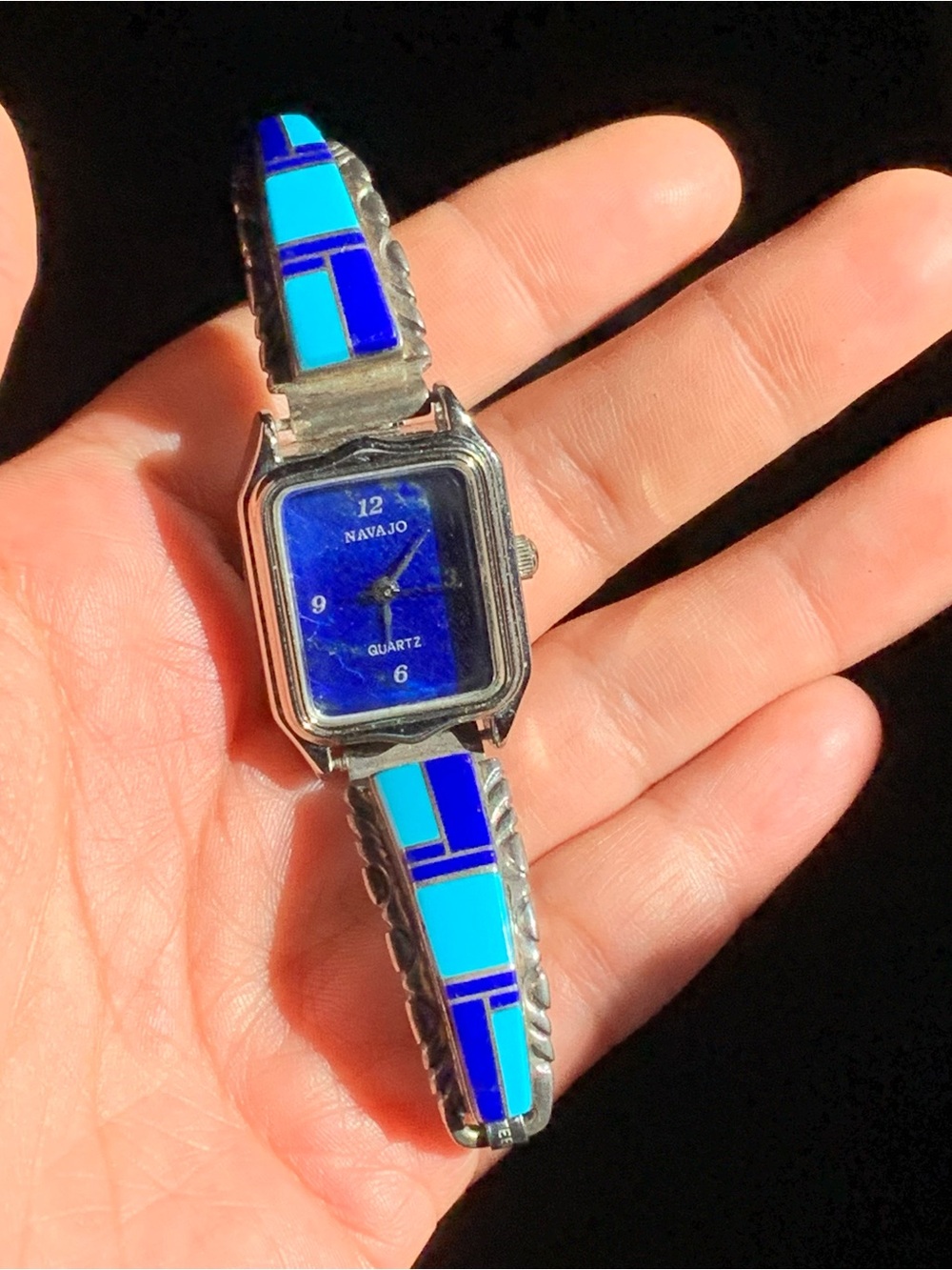 Vintage Navajo Quartz Turquoise & Lapis Color Inlay Wristwatch